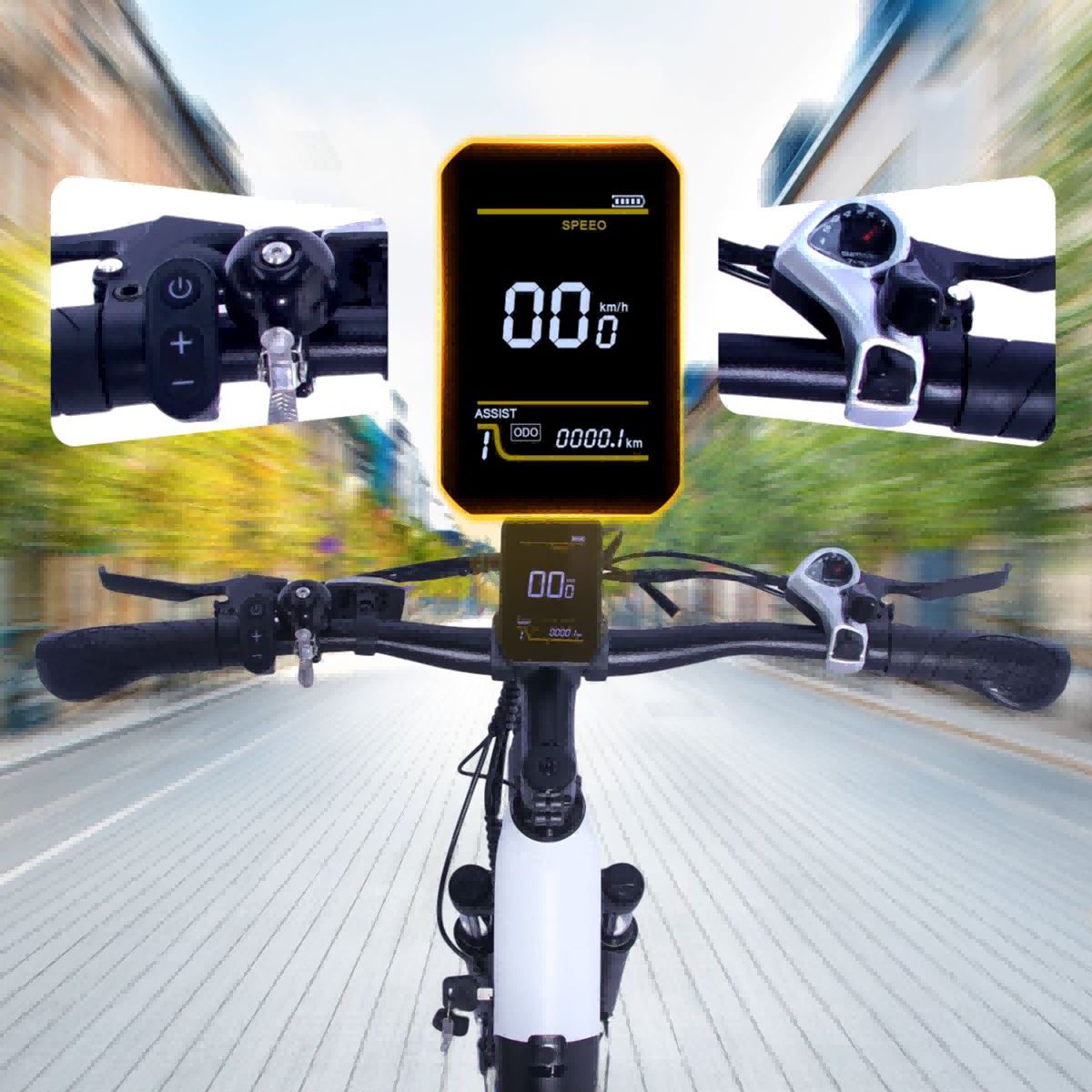 Primo piano del manubrio della bici con display. Vengono visualizzati velocità e livello di assistenza.