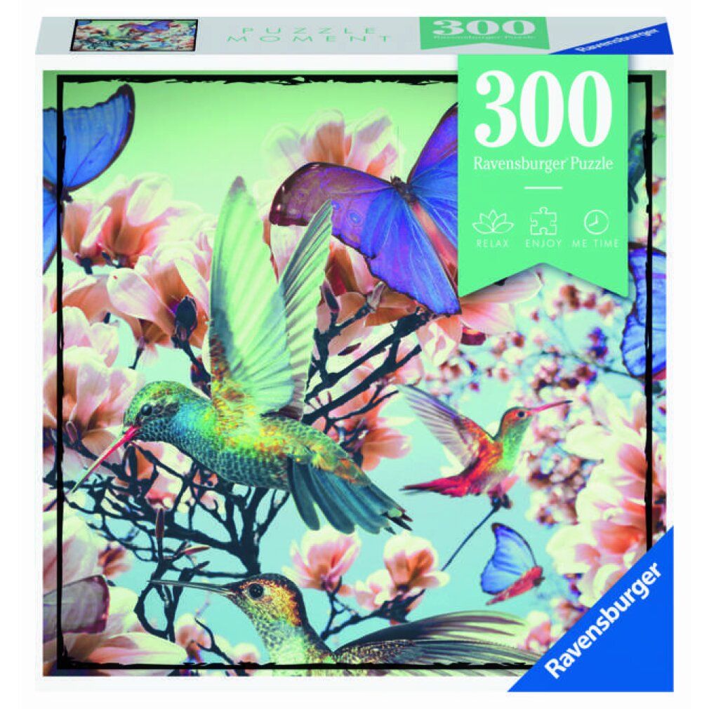 Scatola puzzle con colibrì e farfalle. 300 pezzi. Marca: Ravensburger. Età consigliata: dai 14 anni.