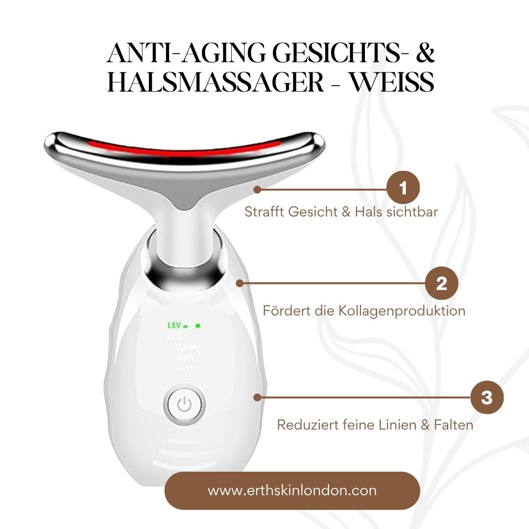 Massaggiatore viso e collo bianco con luce rossa. Testo: "Massaggiatore viso e collo anti-età - bianco".