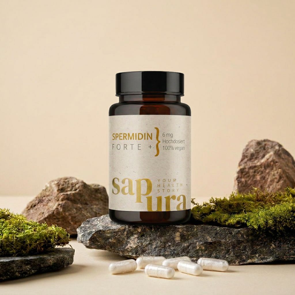 Flacone di vetro marrone con capsule di spermidina. Scritta: Spermidina Forte +, 6 mg, 100% vegano. Logo SAPURA. Capsule accanto.