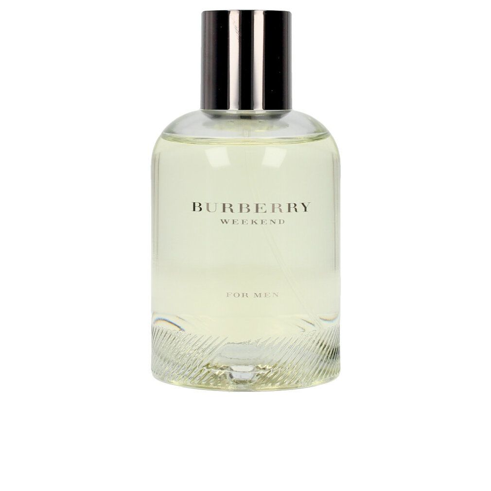 Flacone Burberry Weekend. Flacone trasparente con tappo argentato. Testo: Burberry Weekend, For Men.