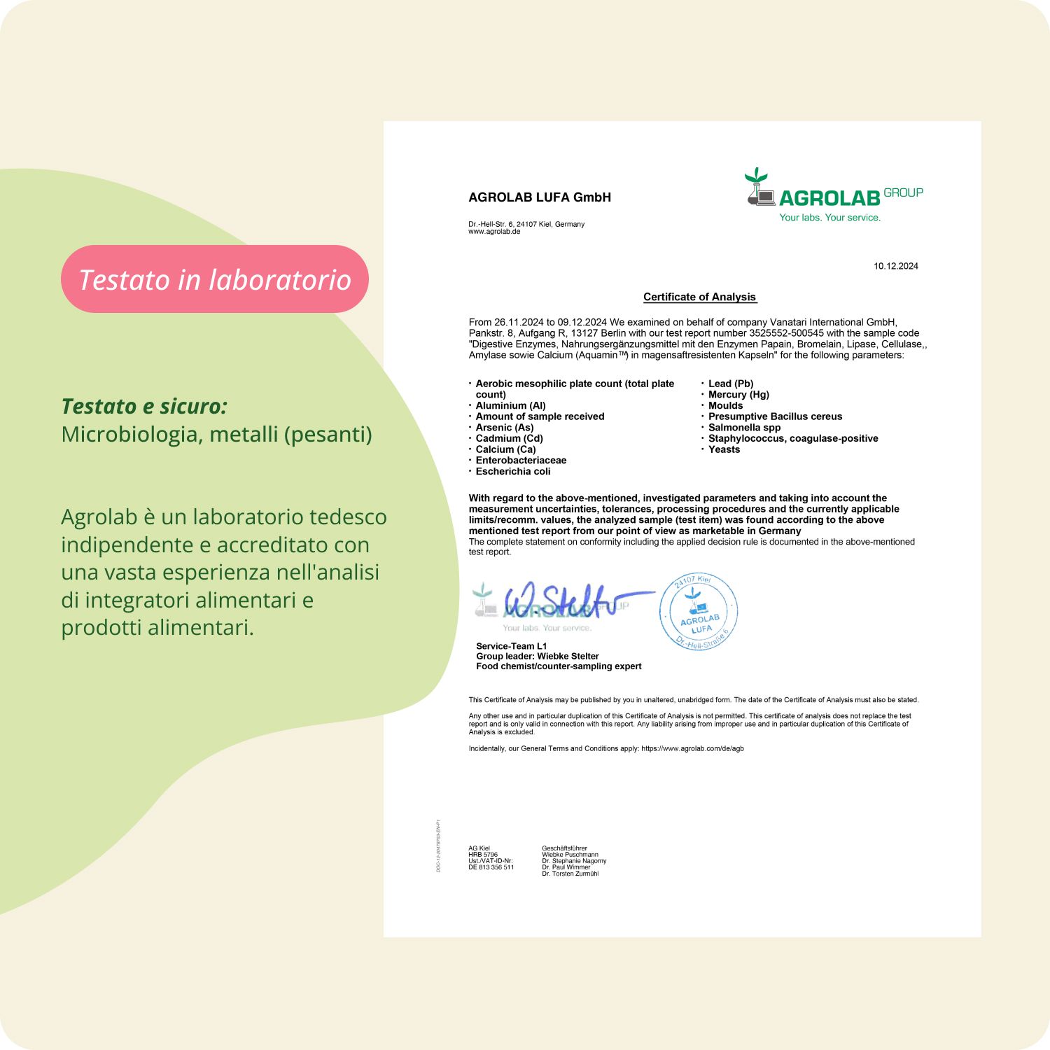 Rapporto di laboratorio Agrolab per Vegavaro Digestive Enzymes, testato sulla microbiologia.