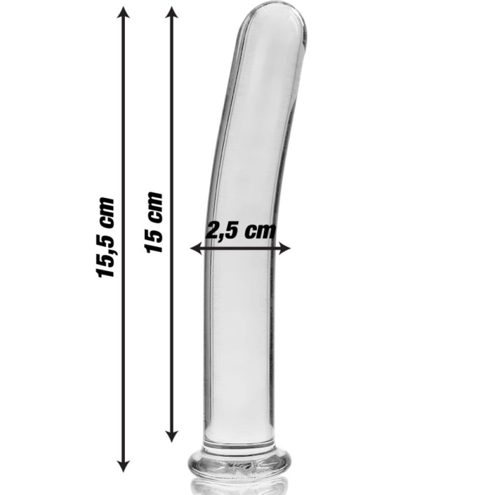 Dildo in vetro borosilicato, modello 9, trasparente. Dimensioni: lunghezza totale 15,5 cm, lunghezza utile 15 cm, diametro 2,5 cm.