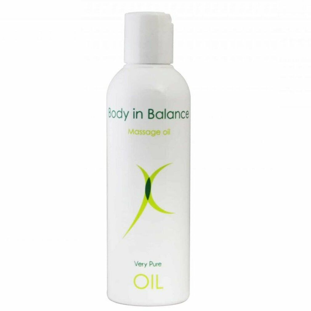 Flacone bianco con logo verde e scritta "Body in Balance Massage Oil".