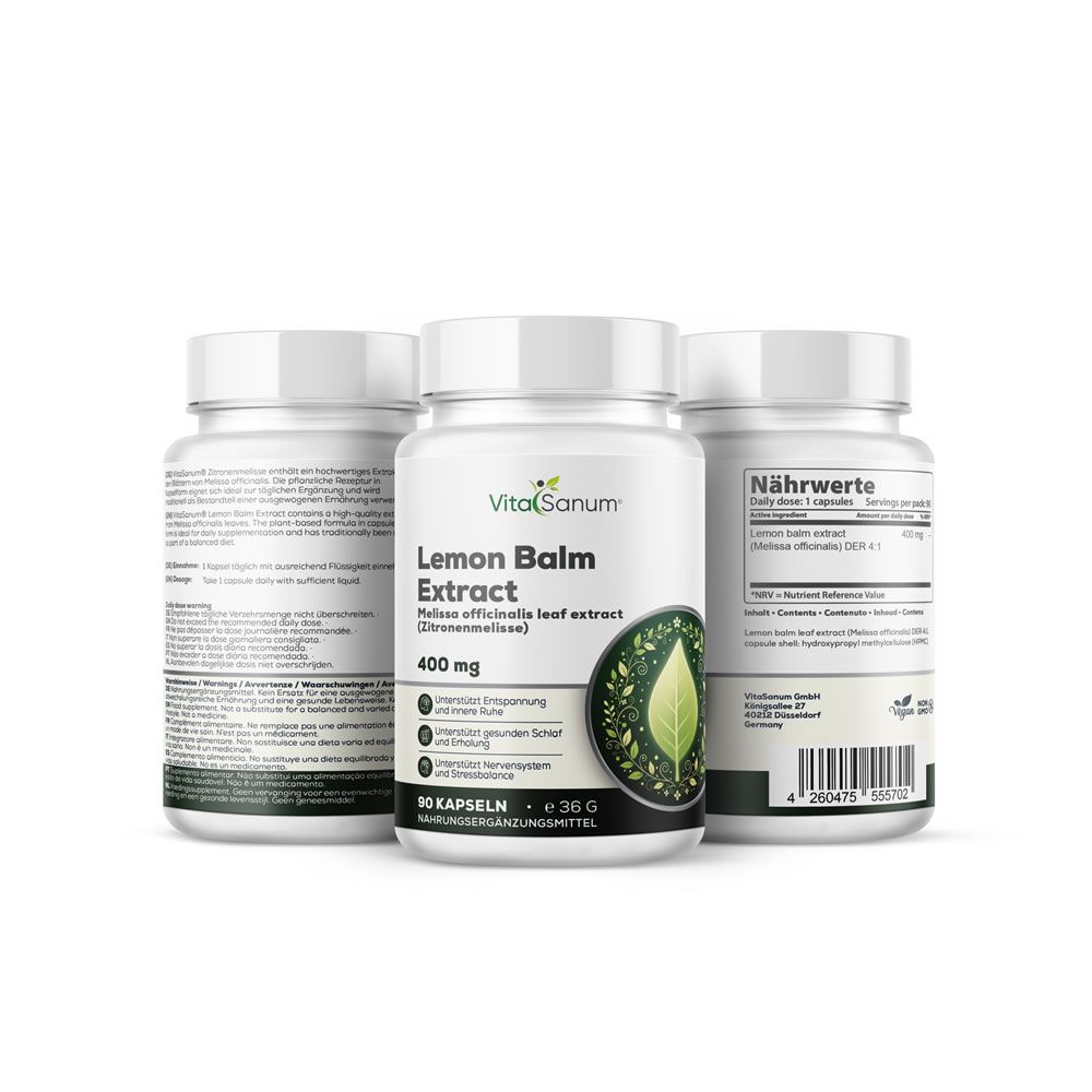 Tre flaconi bianchi con etichette. Scritta: VitaSanum, Lemon Balm Extract, 400 mg, 90 capsule. Illustrazione di una foglia.