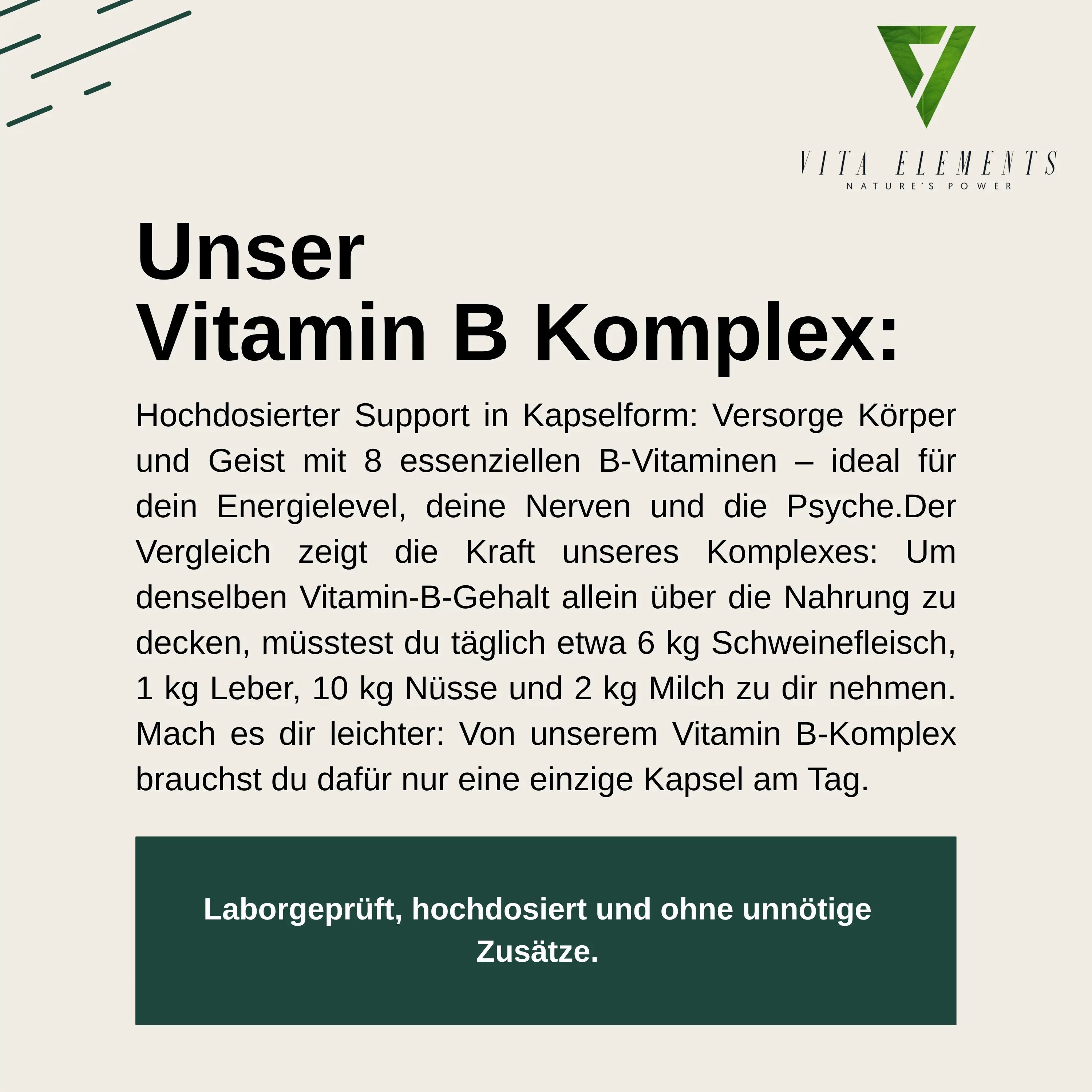 Informazioni testuali sul Vita Elements Vitamin B Komplex, testato in laboratorio, ad alto dosaggio e senza additivi inutili.