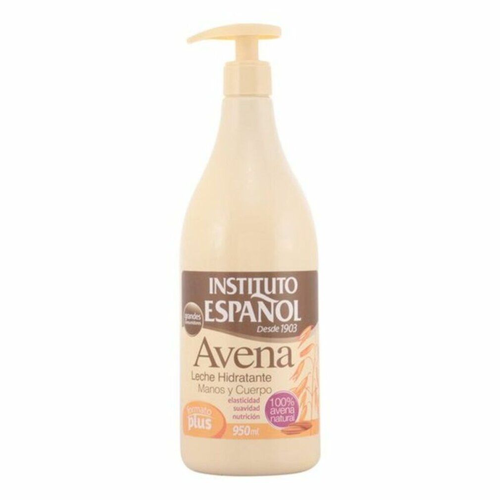 Flacone beige con dosatore. Scritta: Instituto Español Avena, Leche Hidratante. 950ml. Illustrazione di avena.