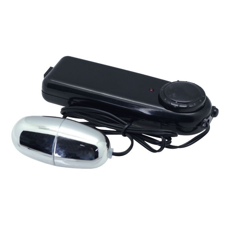 Vibratore a forma di uovo color argento accanto a un'unità di controllo nera. L'unità ha una manopola rotante e un LED rosso.