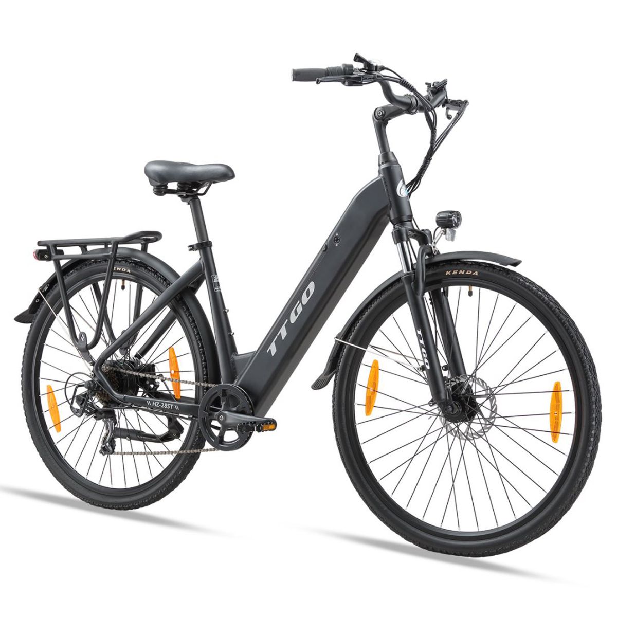 E-bike nera TTGO. Portapacchi, parafanghi, fari e catarifrangenti. Pneumatici Kenda.