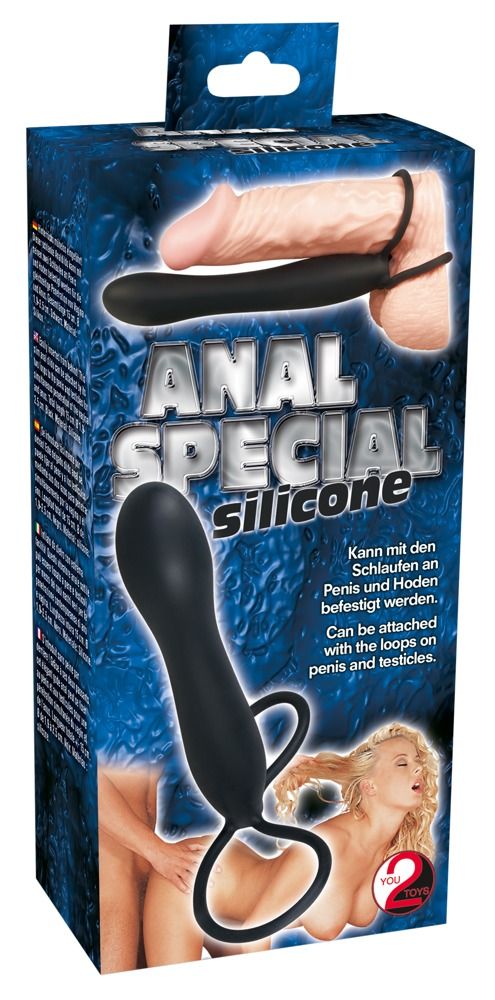 Dildo in silicone nero con anello. Confezione con nome del prodotto, illustrazione e testo. Marchio: You2Toys.