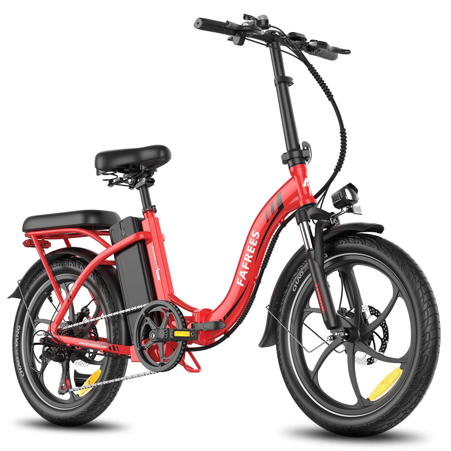 E-bike pieghevole Fafrees F20+ rossa. Pneumatici, sella e batteria neri. Marchio visibile.