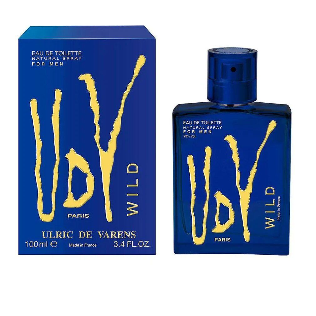 Flacone di profumo blu e scatola con scritta gialla "VDV WILD". Eau de Toilette Natural Spray for Men.