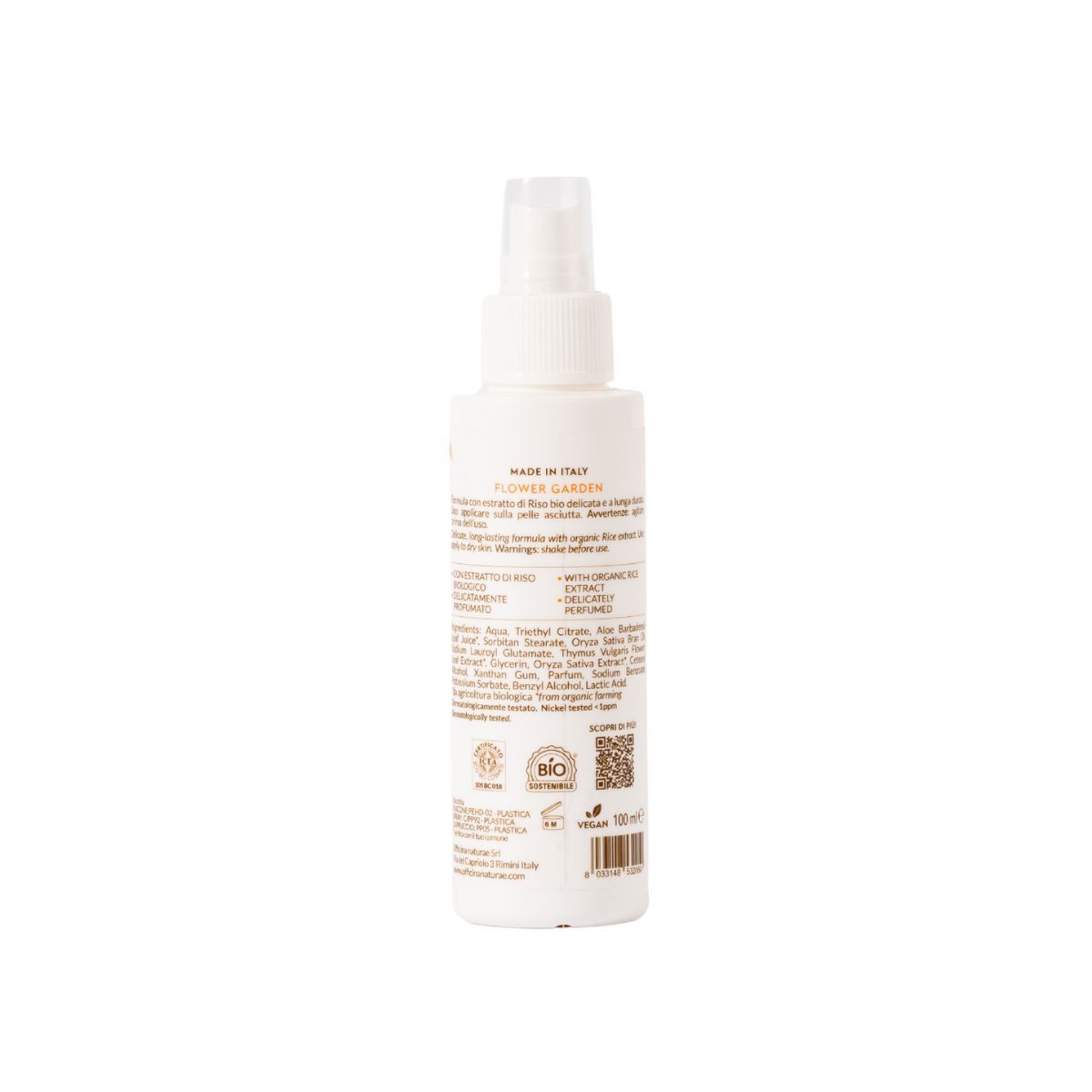 Retro di un flacone spray deodorante bianco. Testo con ingredienti e certificazioni. Certificazione biologica e logo vegano.