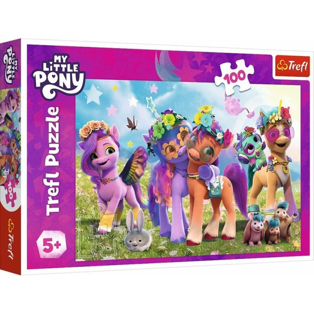 Scatola puzzle con pony colorati. Scritta: My Little Pony, Trefl Puzzle, 100 pezzi, 5+.