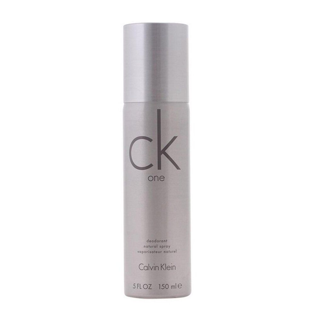 Bomboletta spray deodorante argento con coperchio argento. Scritta: ck one, Calvin Klein.