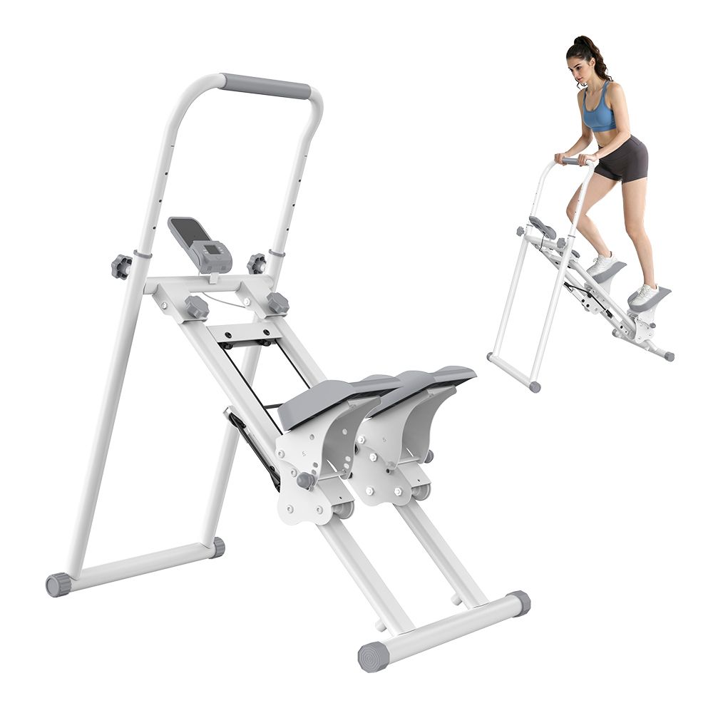 Stepper bianco con manubrio e pedali. Una donna si allena sopra. Lo stepper ha un display.