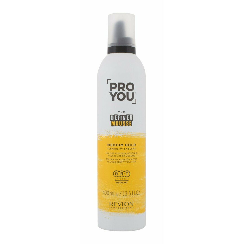 Flacone bianco-giallo con tappo nero. Scritta: PRO YOU THE DEFINER MOUSSE MEDIUM HOLD. Volume: 400ml/13.5 fl oz.