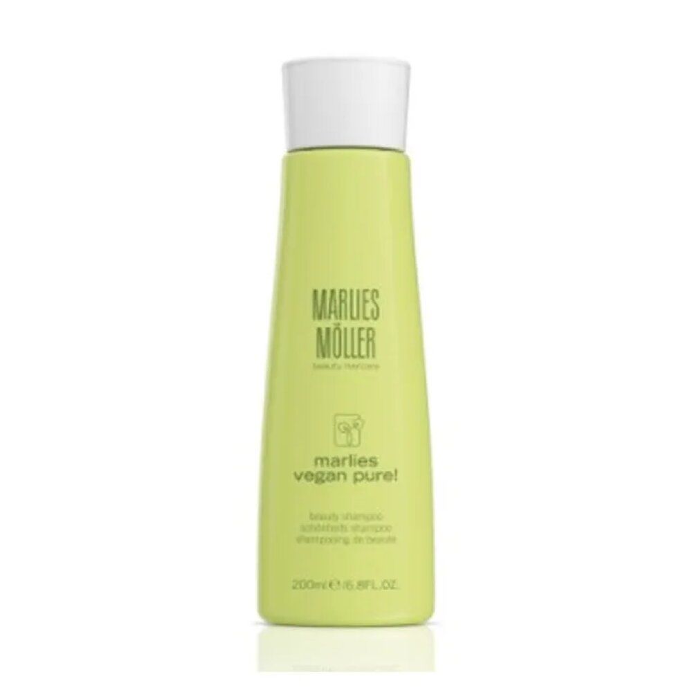 Flacone verde con tappo bianco. Scritta: Marlies Möller, vegan pure!. Beauty Shampoo. 200ml/6.8FL.OZ.
