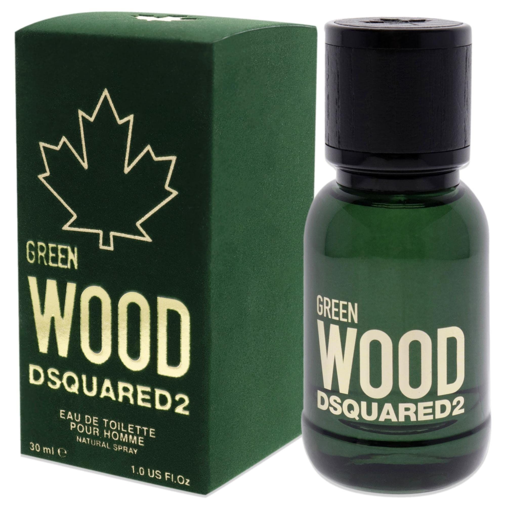 Flacone e confezione verdi. Scritta dorata: GREEN WOOD DSQUARED2. Confezione con foglia d'acero.