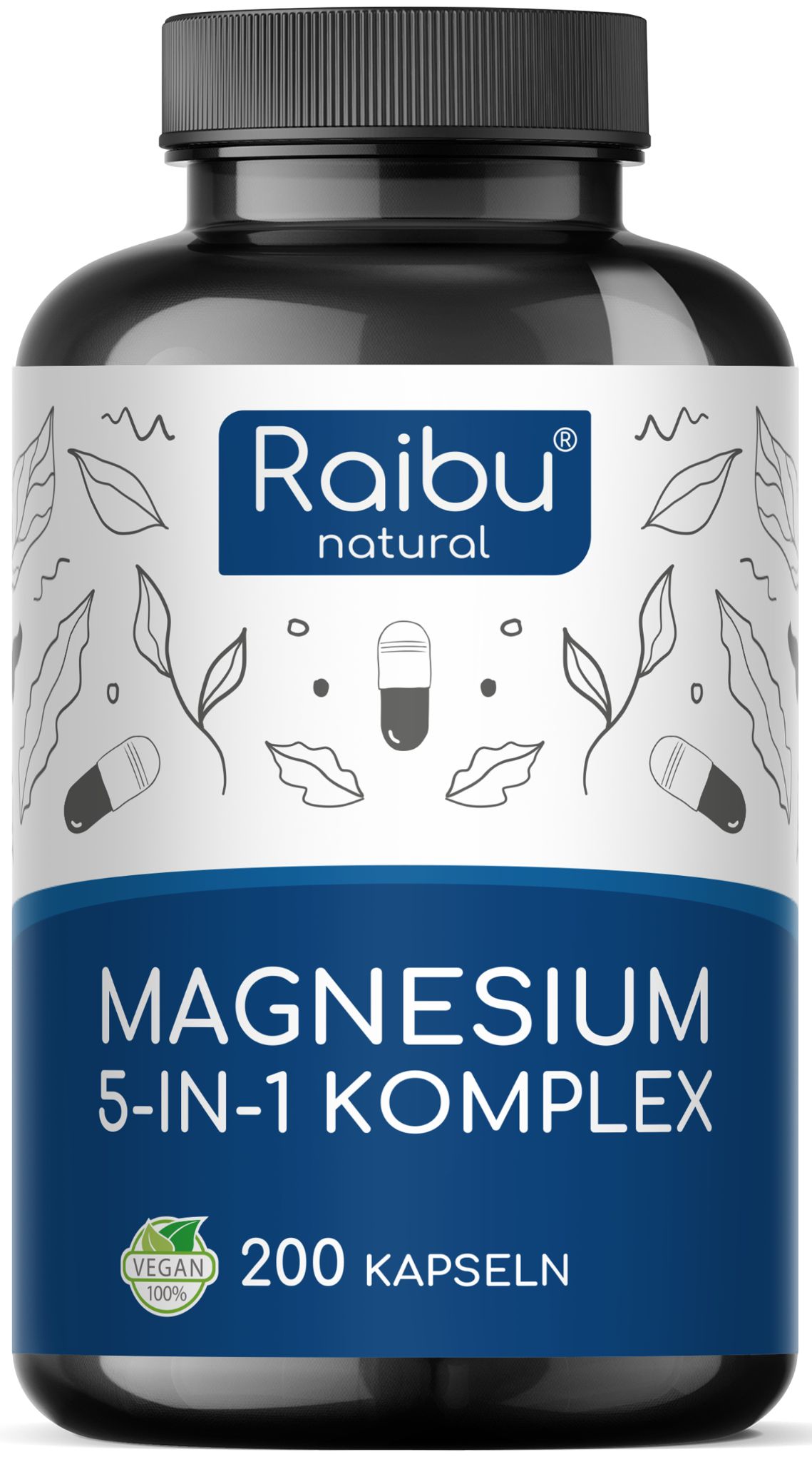 Magnesio Complesso 5 Forme – 450 mg Magnesio Elementare – 200 Capsule Alta Dose Vegano RAIBU