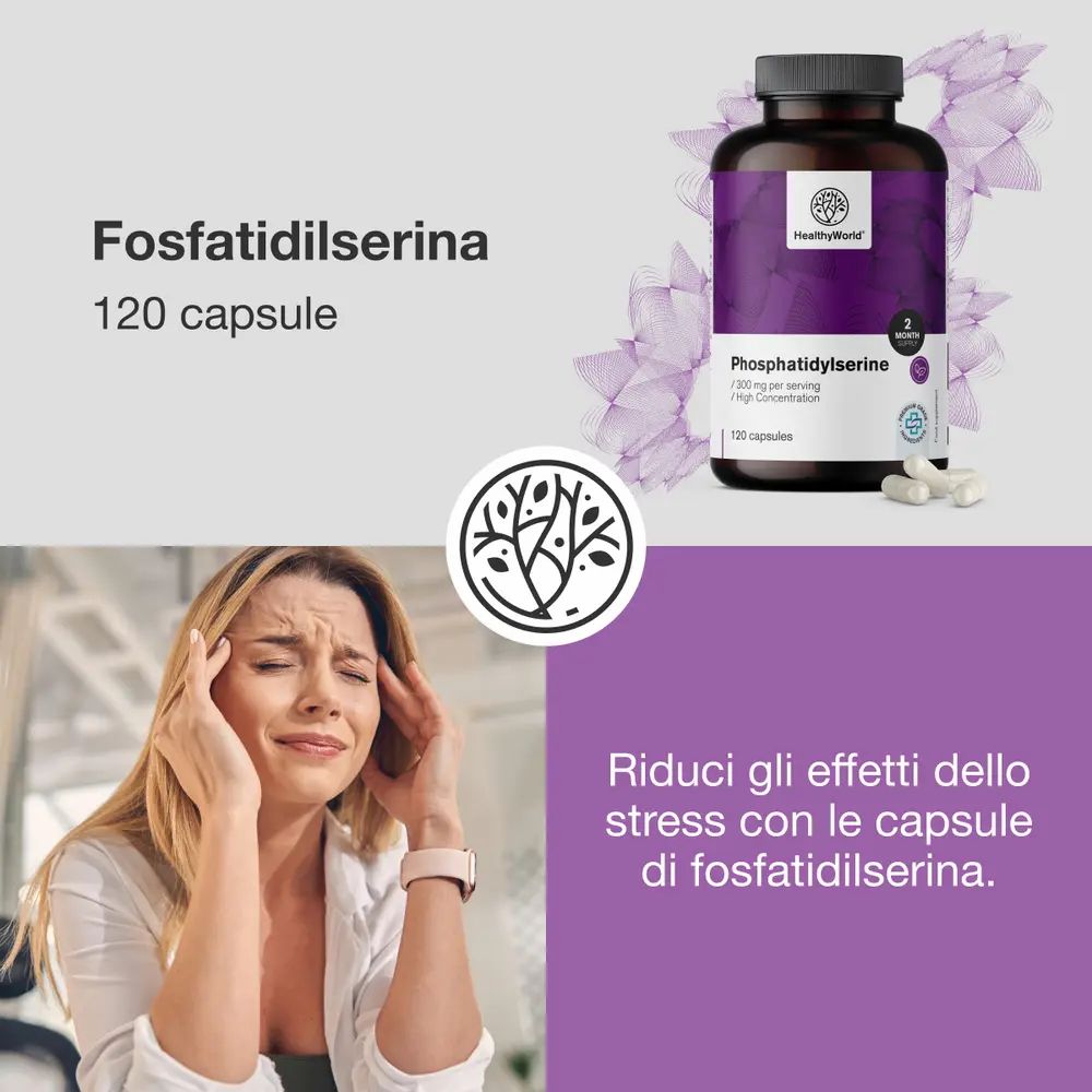 Barattolo da 120 capsule di fosfatidilserina, logo, testo 'Migliore Qualità'.