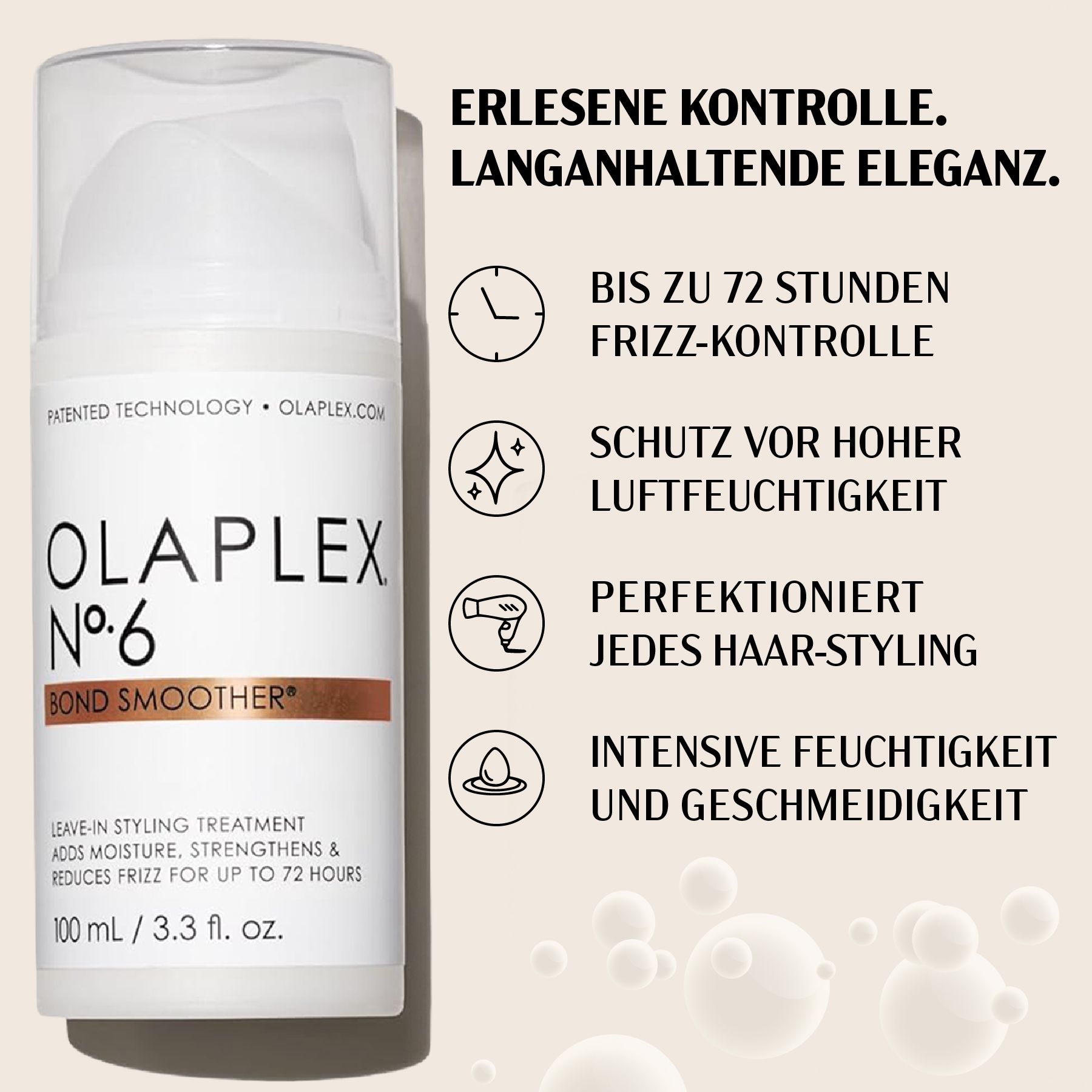 Flacone bianco Olaplex No.6 Bond Smoother. Testo: Controllo dell'effetto crespo fino a 72 ore, protezione dall'umidità, idratazione intensa.