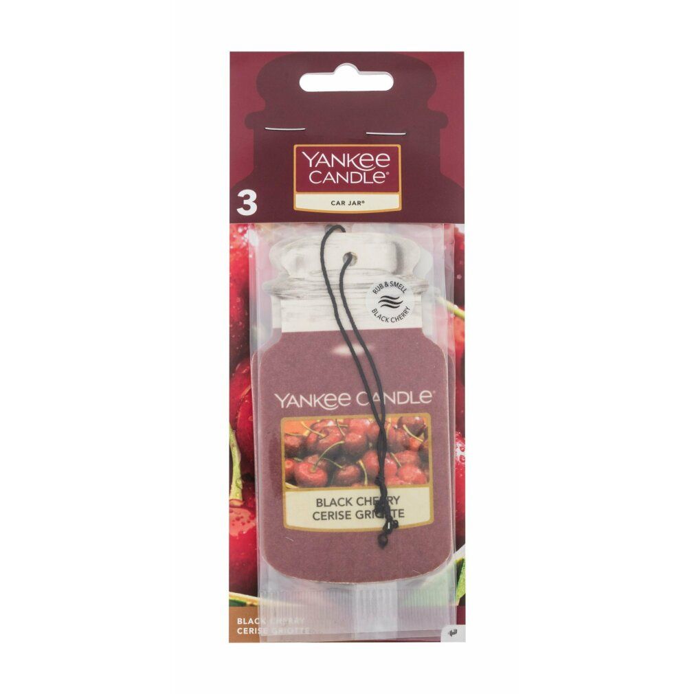 Deodorante per auto Yankee Candle Black Cherry a forma di barattolo, con cordino. Nome prodotto e immagine ciliegie sulla confezione.