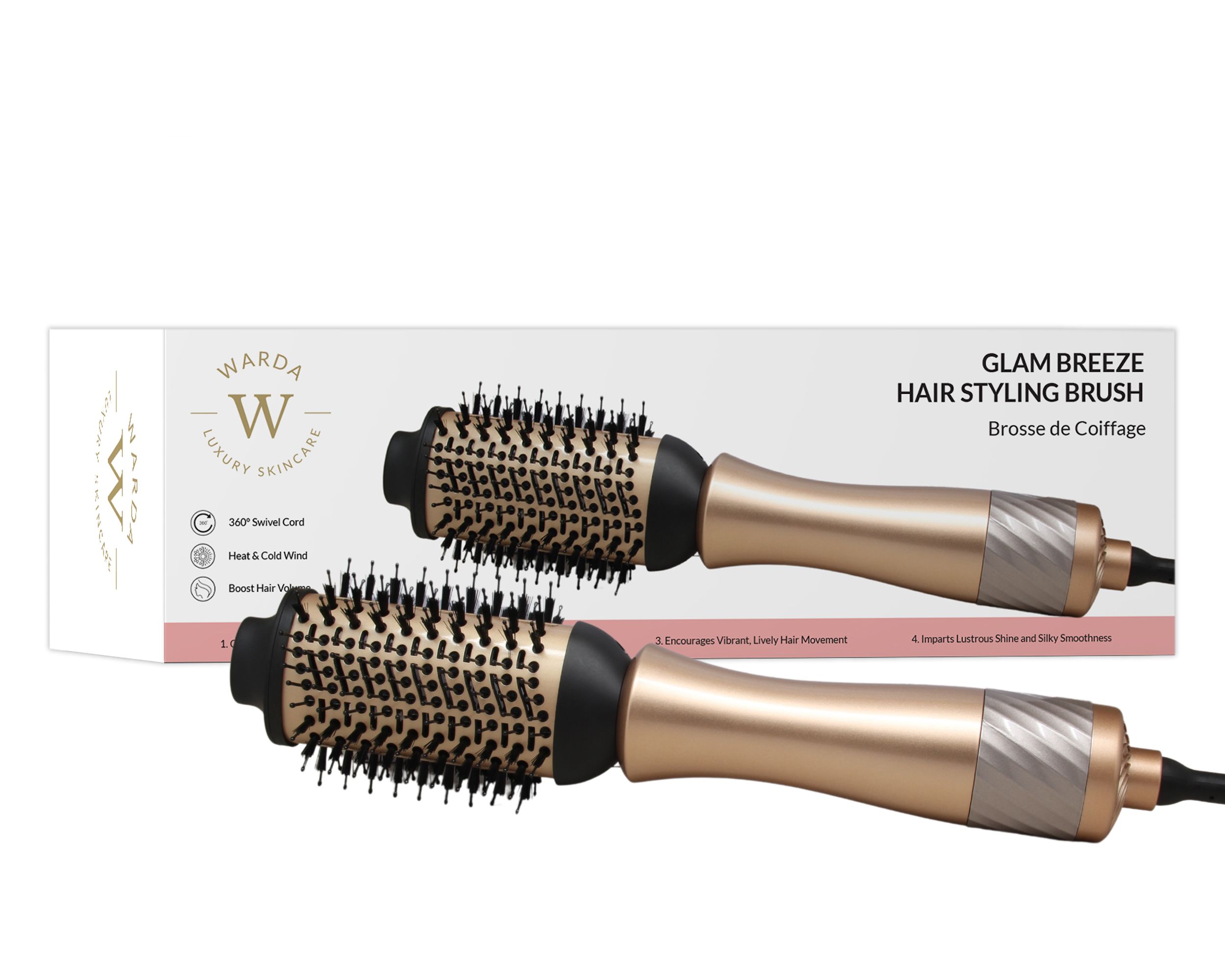 Due spazzole per capelli con manici dorati e testine nere. Marchio: Warda Skincare. Testo: Glam Breeze, cavo girevole a 360°.