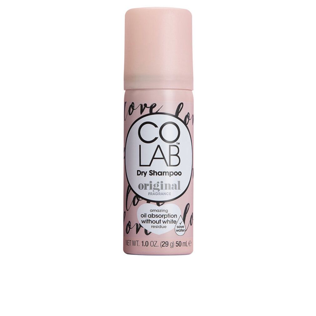 Flacone spray rosa con tappo rosa. Scritta: CO LAB Dry Shampoo original. Testo: amazing oil absorption without white residue.