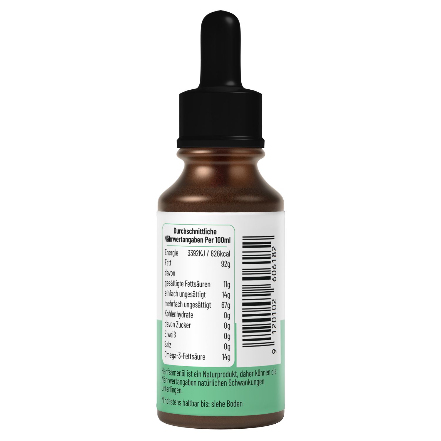 Retro di un flacone di vetro marrone con contagocce nero. Etichetta con informazioni nutrizionali per 100 ml. Sfondo verde.