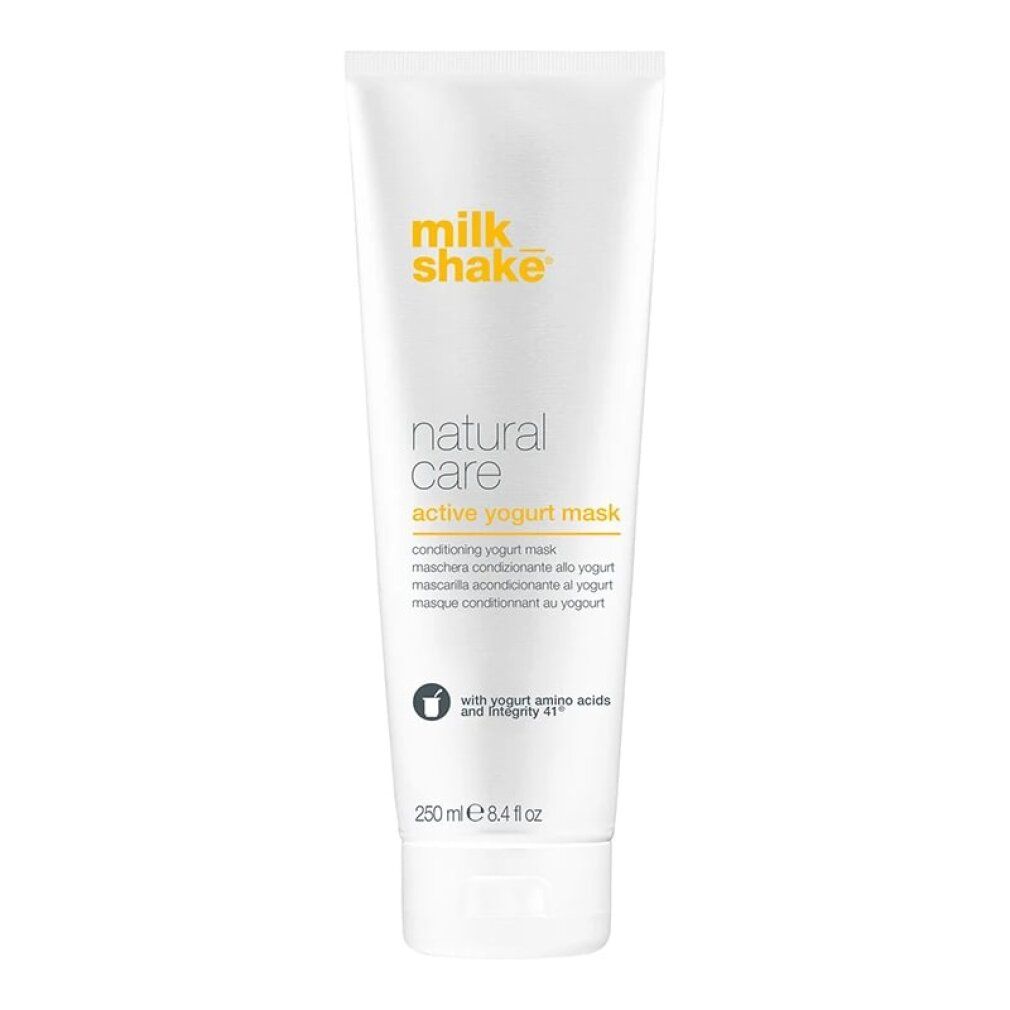 Tubo bianco con scritta Milk_Shake, Natural Care Active Yogurt Mask. Contiene 250 ml.