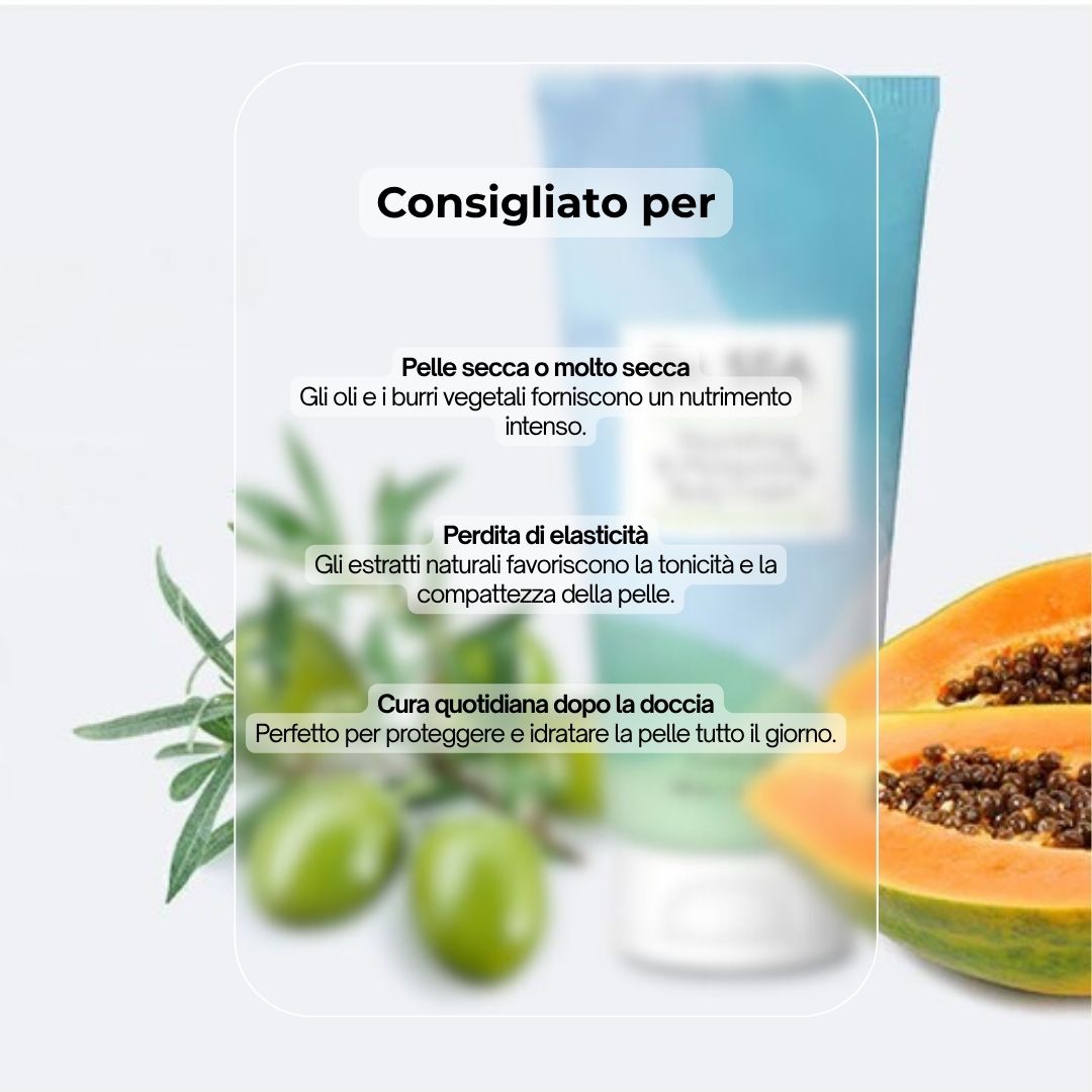Tubo di crema con testo. Testo: « Nourishing & Moisturising Body Cream ». Consigliato per pelle secca, perdita di elasticità. Olive, papaya.