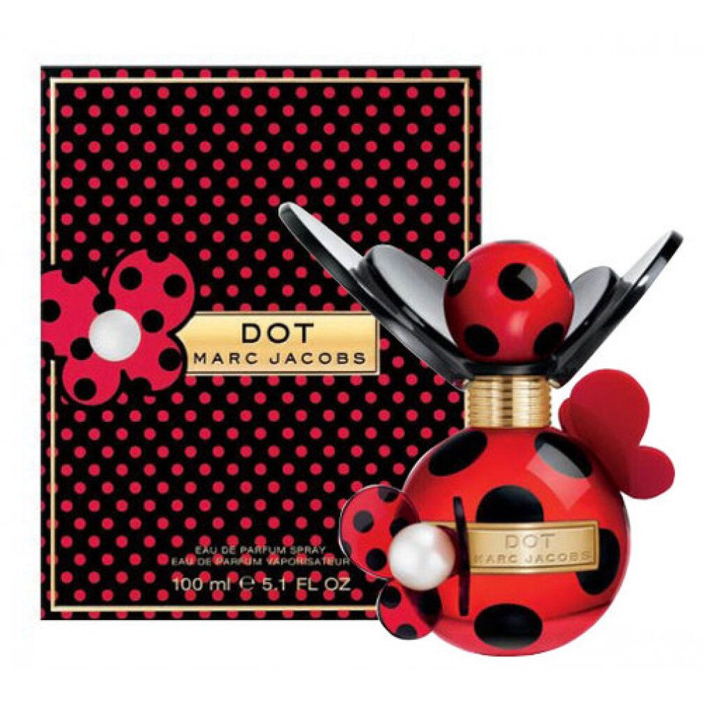 Flacone rosso a pois neri e ali. Scritta: DOT MARC JACOBS. 100 ml. Confezione a pois.