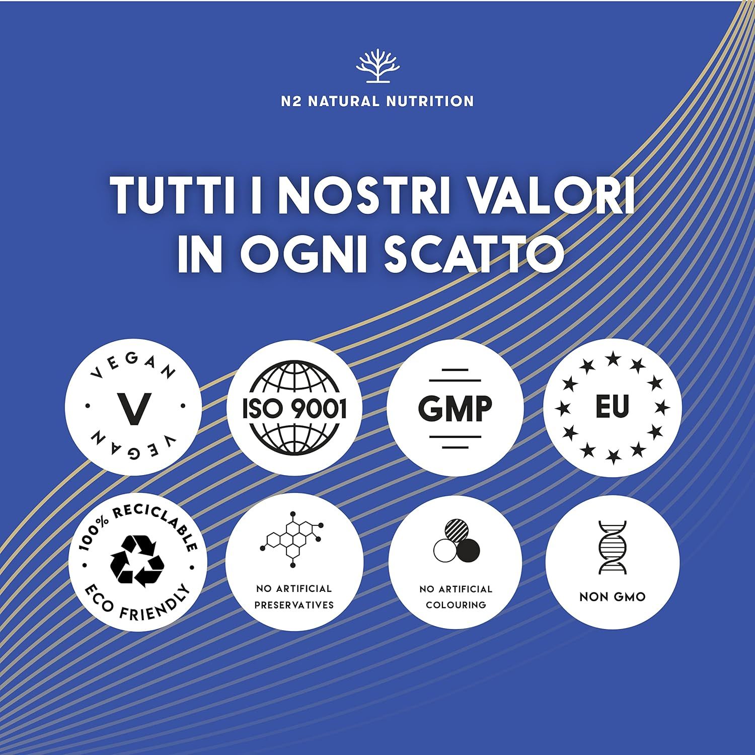 Loghi circolari: Vegan, ISO 9001, GMP, UE, 100% riciclabile, Eco Friendly, senza conservanti artificiali, senza coloranti artificiali, Non OGM.