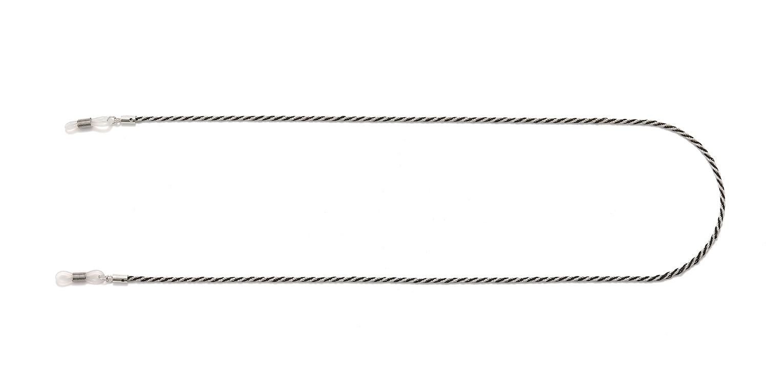 Catenina per occhiali, motivo intrecciato, argento e nero. Anelli trasparenti per il fissaggio alle aste.