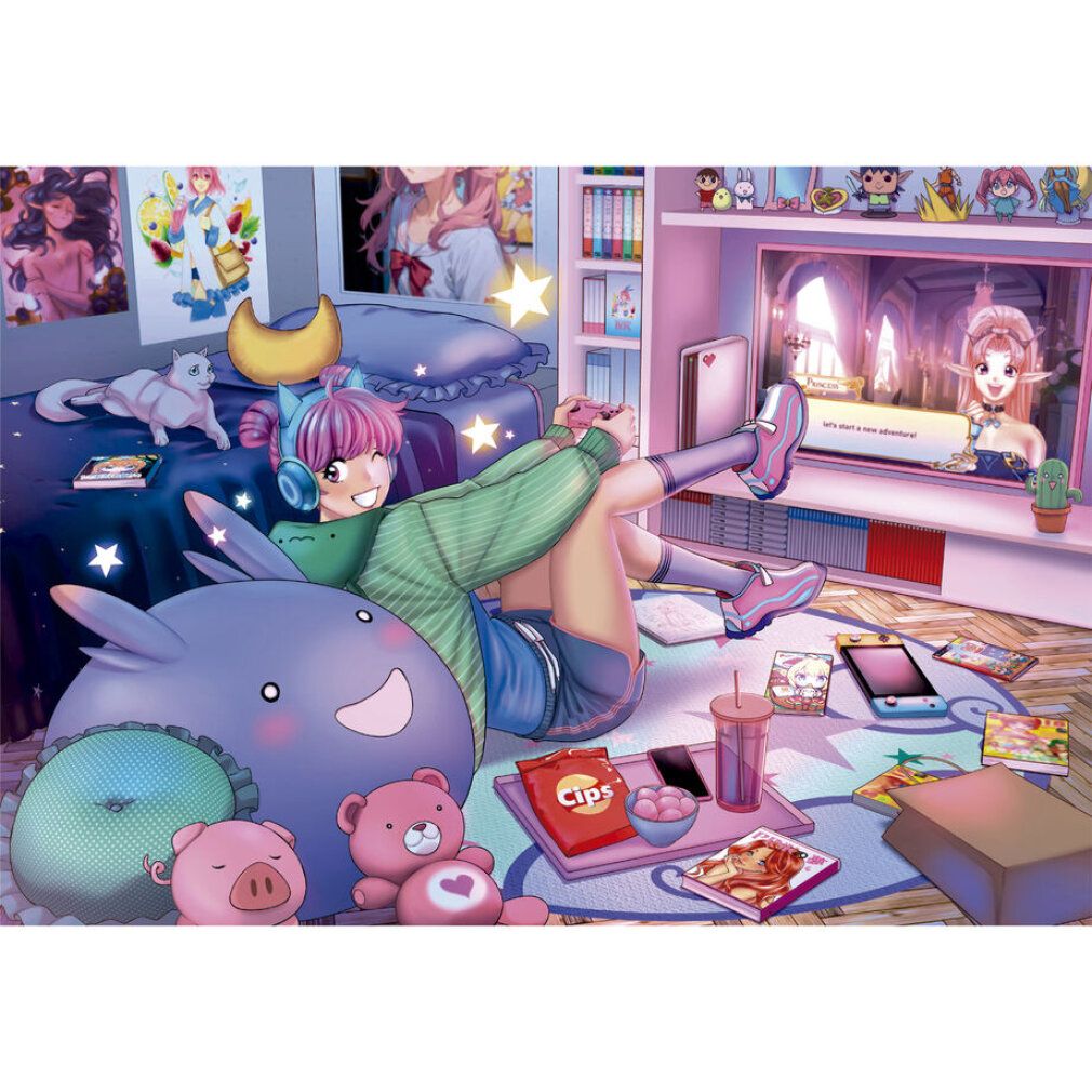 Puzzle con scena anime. Una persona gioca ai videogiochi. Snack e tablet sul pavimento. Peluche sul letto.