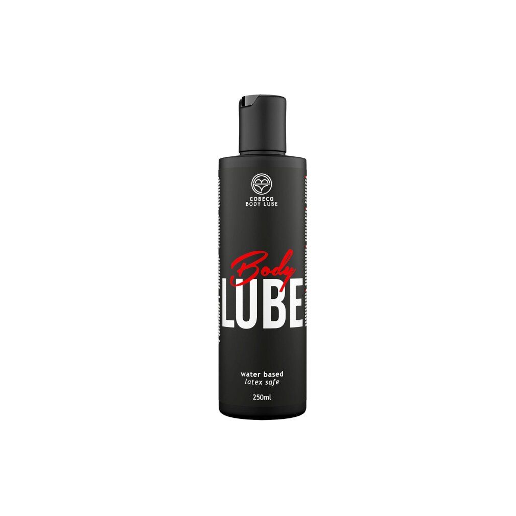 Flacone nero con tappo a ribalta. Scritta: Body LUBE. A base d'acqua, senza lattice. 250ml.