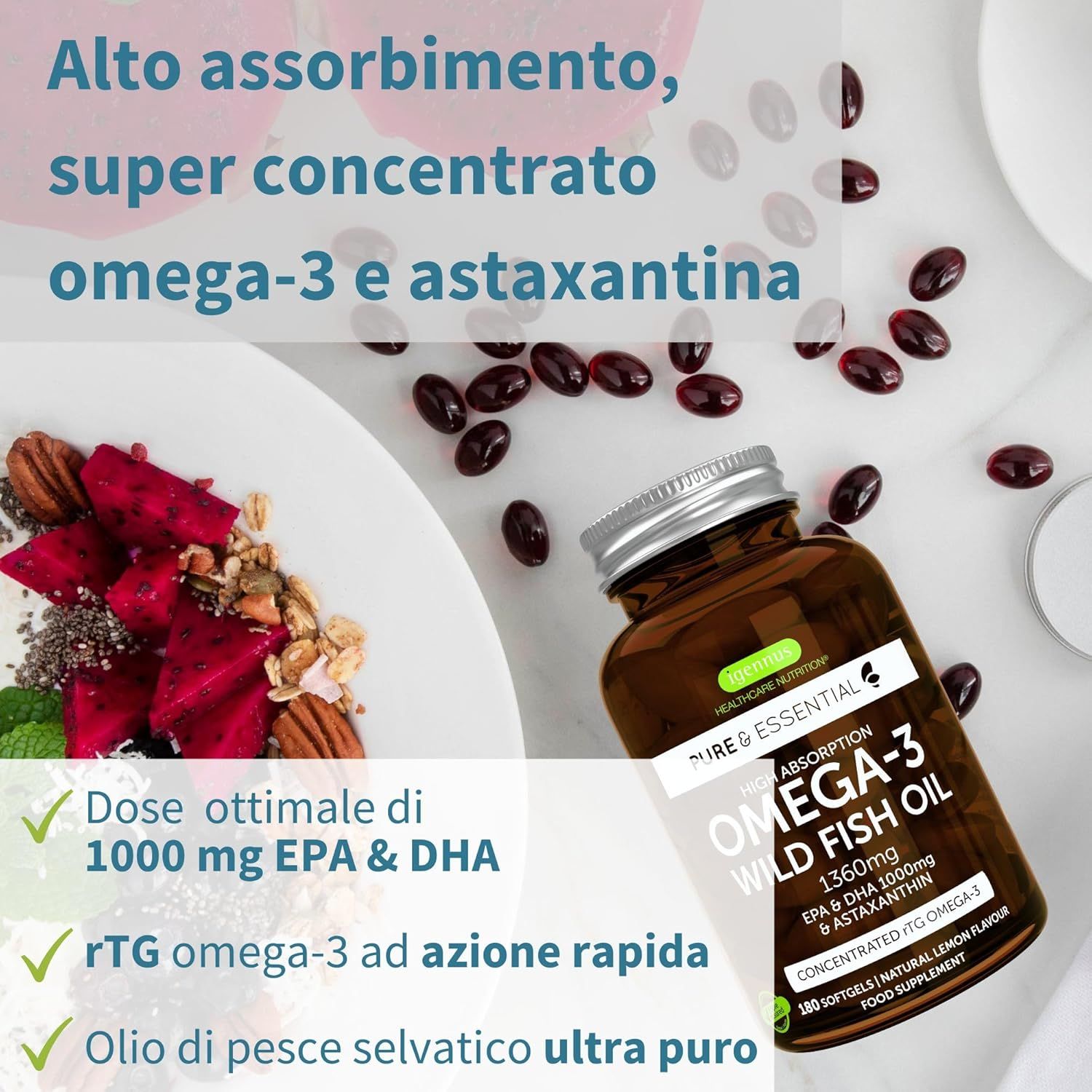 Flacone di olio di pesce selvatico Igennus Omega-3, 1360mg, 1000mg EPA & DHA, con Astaxantina. 180 capsule.