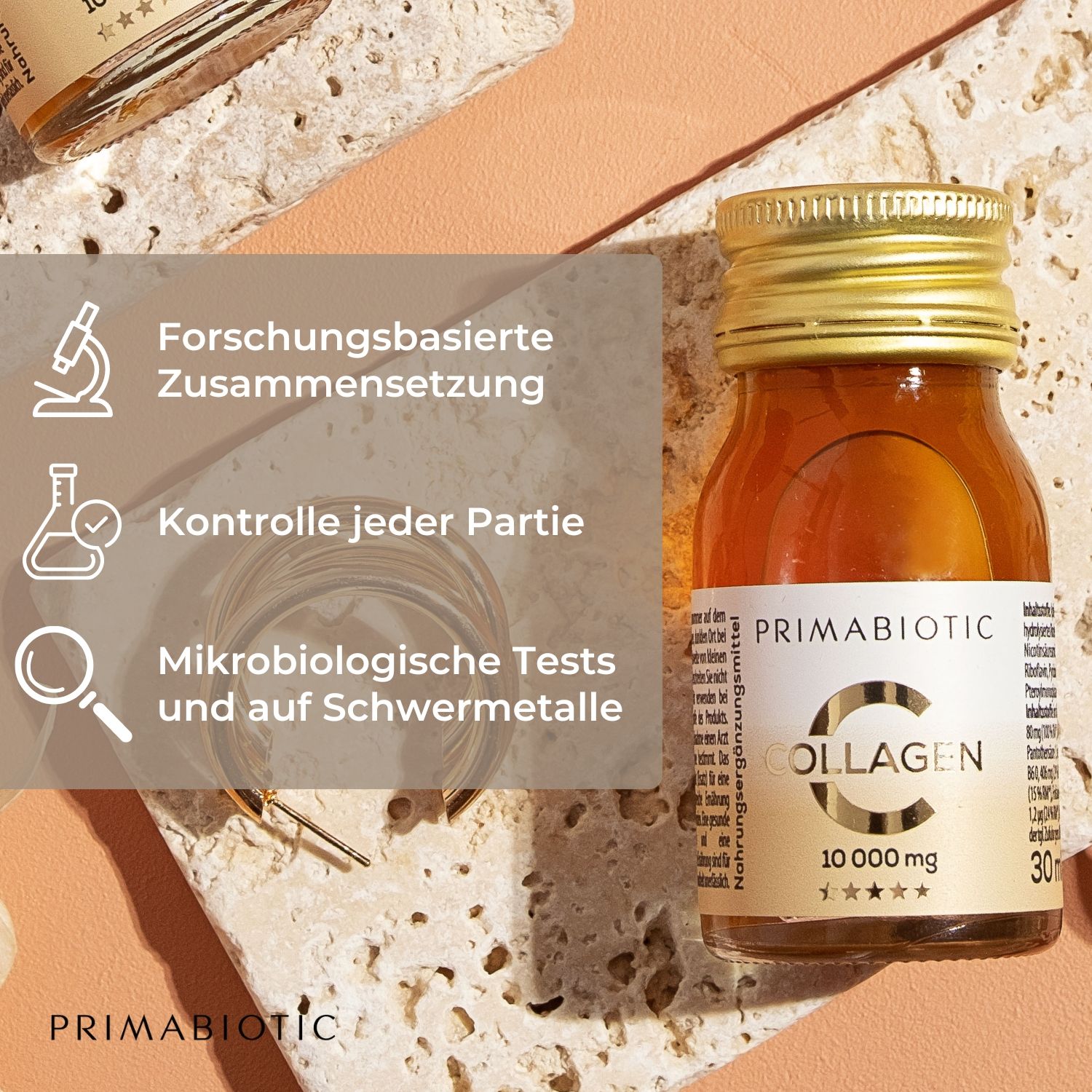 Liquido marrone in bottiglia. Scritta: Primabiotic Collagen, 10.000 mg. Illustrazioni: composizione basata sulla ricerca, controllo di ogni lotto.