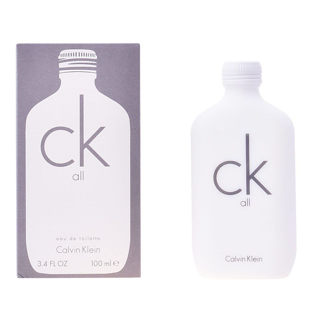 Flacone di profumo bianco e confezione. Scritta "ck all" e "Calvin Klein". Flacone da 100 ml.