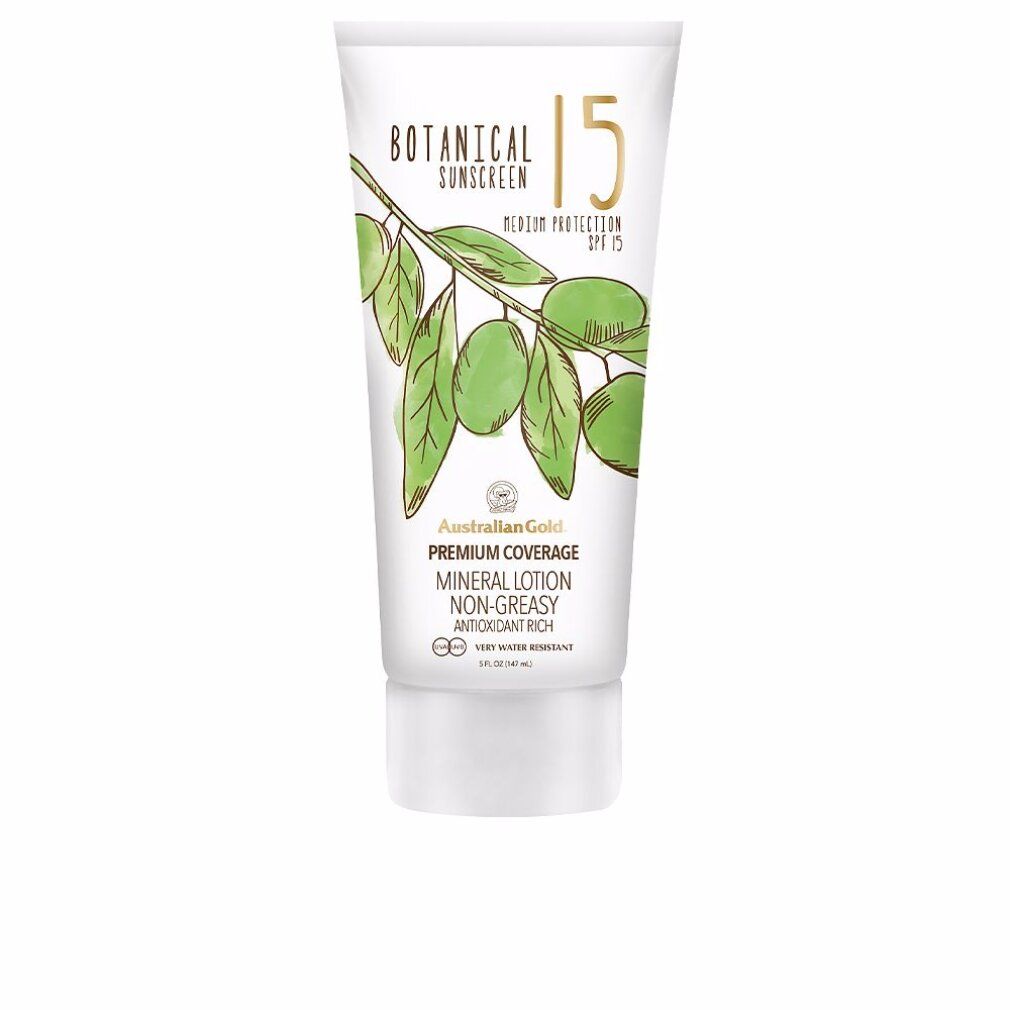 Tubo bianco di crema solare SPF15. Scritta: Botanical Sunscreen, illustrazione di foglie. Nome prodotto: Mineral Lotion Non-Greasy.