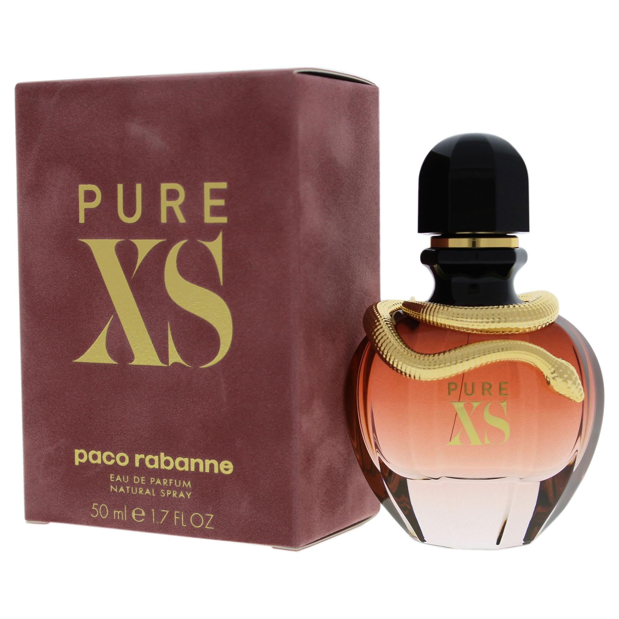 Flacone di profumo e confezione. Flacone rosa, tappo nero, serpente dorato. Confezione marrone, scritta: PURE XS.