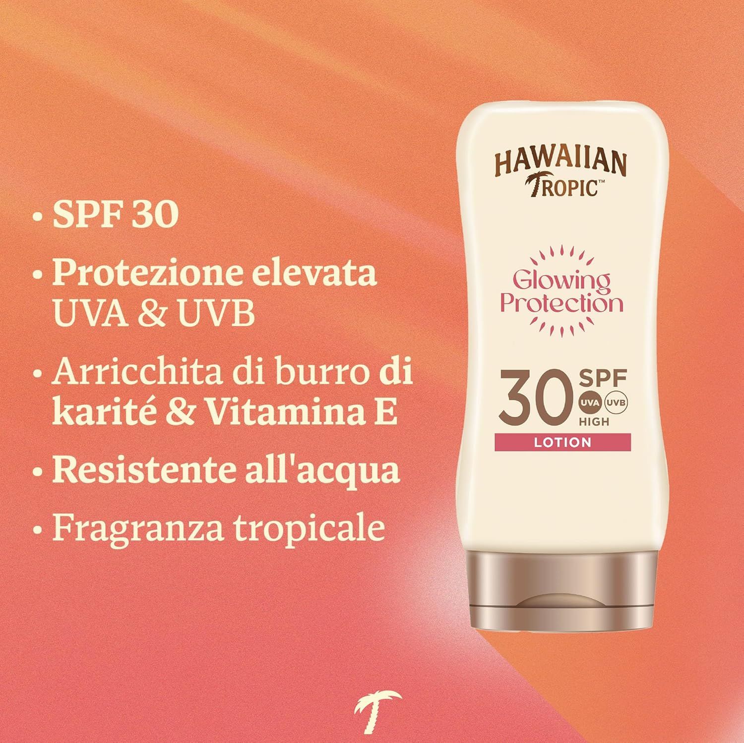 Lozione solare SPF 30. Marchio: Hawaiian Tropic. Scritta: Glowing Protection, Lotion. Testo: Alta protezione UVA & UVB.