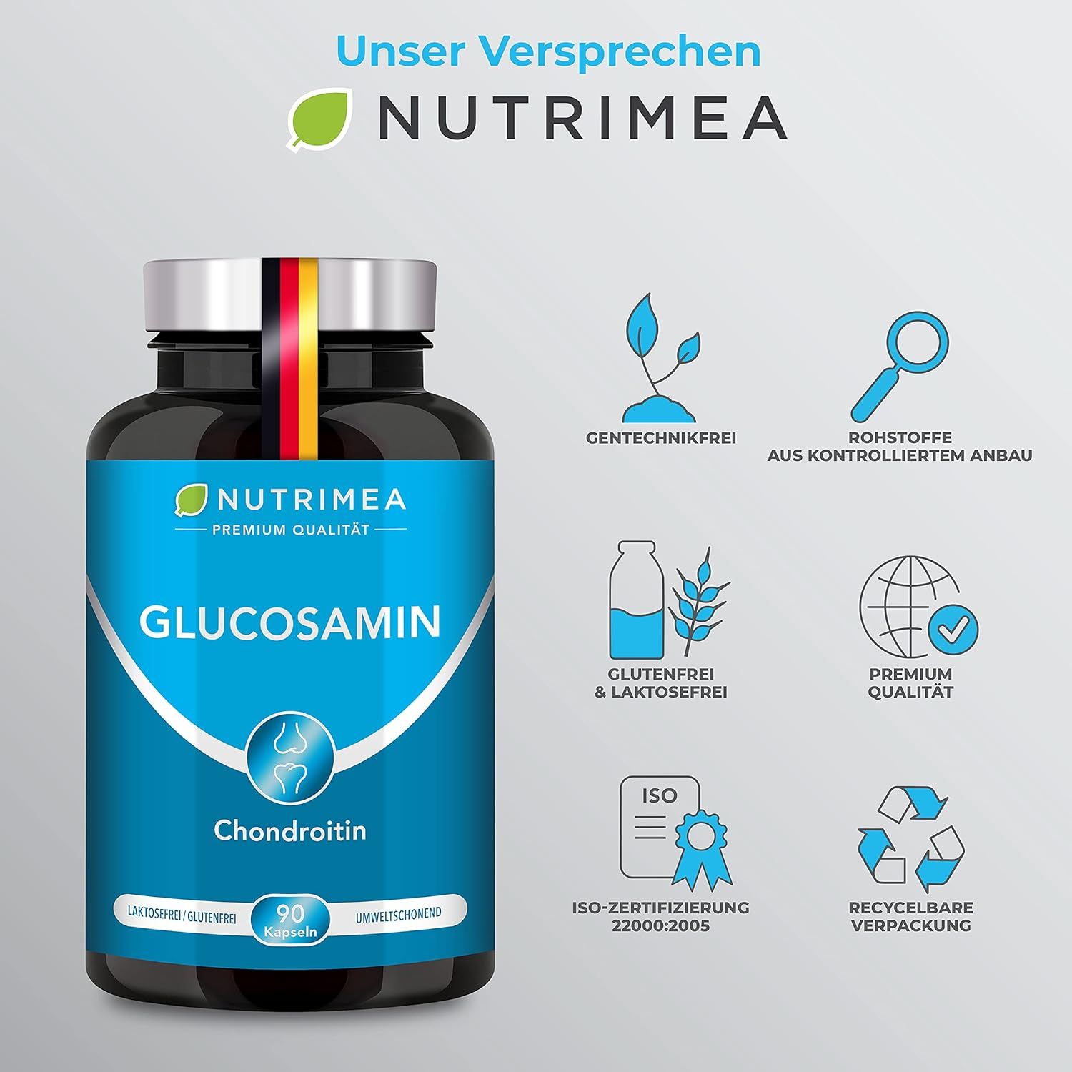Flacone con etichetta blu. Testo: GLUCOSAMINA, Condroitina, 90 capsule. Certificazione ISO, riciclabile.