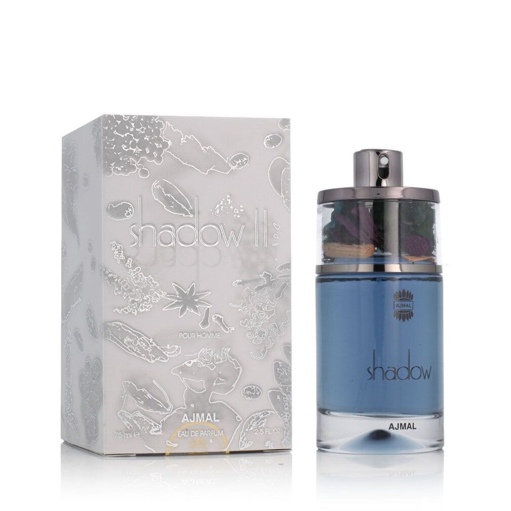 Flacone di profumo e confezione. Flacone con scritta "shadow". Confezione con motivi floreali e scritta "shadow".