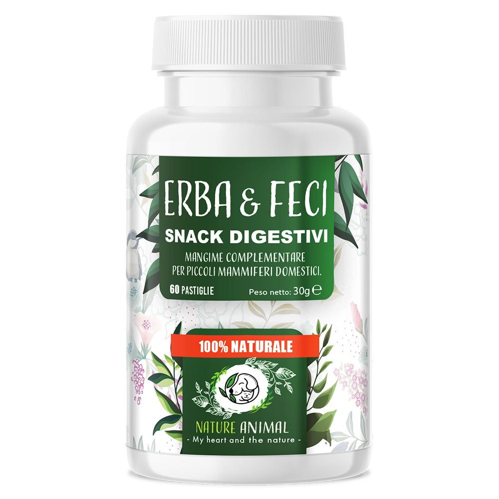 Barattolo di compresse "ERBA & FECI". 60 pastiglie, 30g. "100% naturale". Logo Nature Animal.