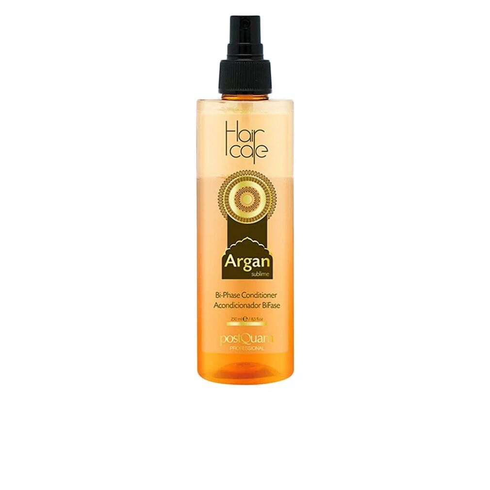 Balsamo per capelli con vaporizzatore. Scritta: Hair Icole, Argan, Bi-Phase Conditioner. Liquido dorato e trasparente.