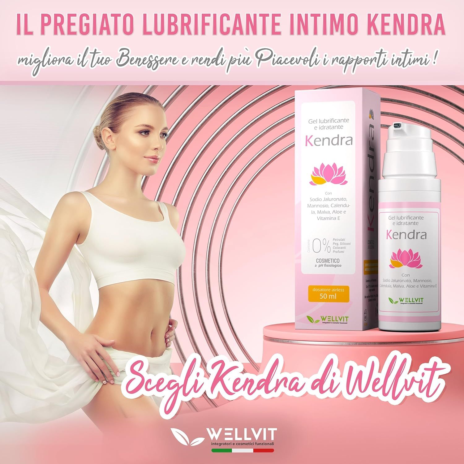 Donna con flacone e confezione di gel Kendra. Testo: Gel lubrificante e idratante, Kendra, ingredienti. Marchio Wellvit.
