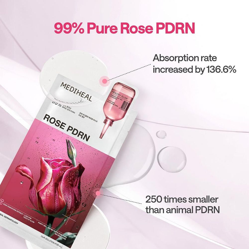 Confezione MEDIHEAL Rose PDRN Essential Tuchmaske. Design rosa con rosa e informazioni sul prodotto. Illustrazione di una fiala.