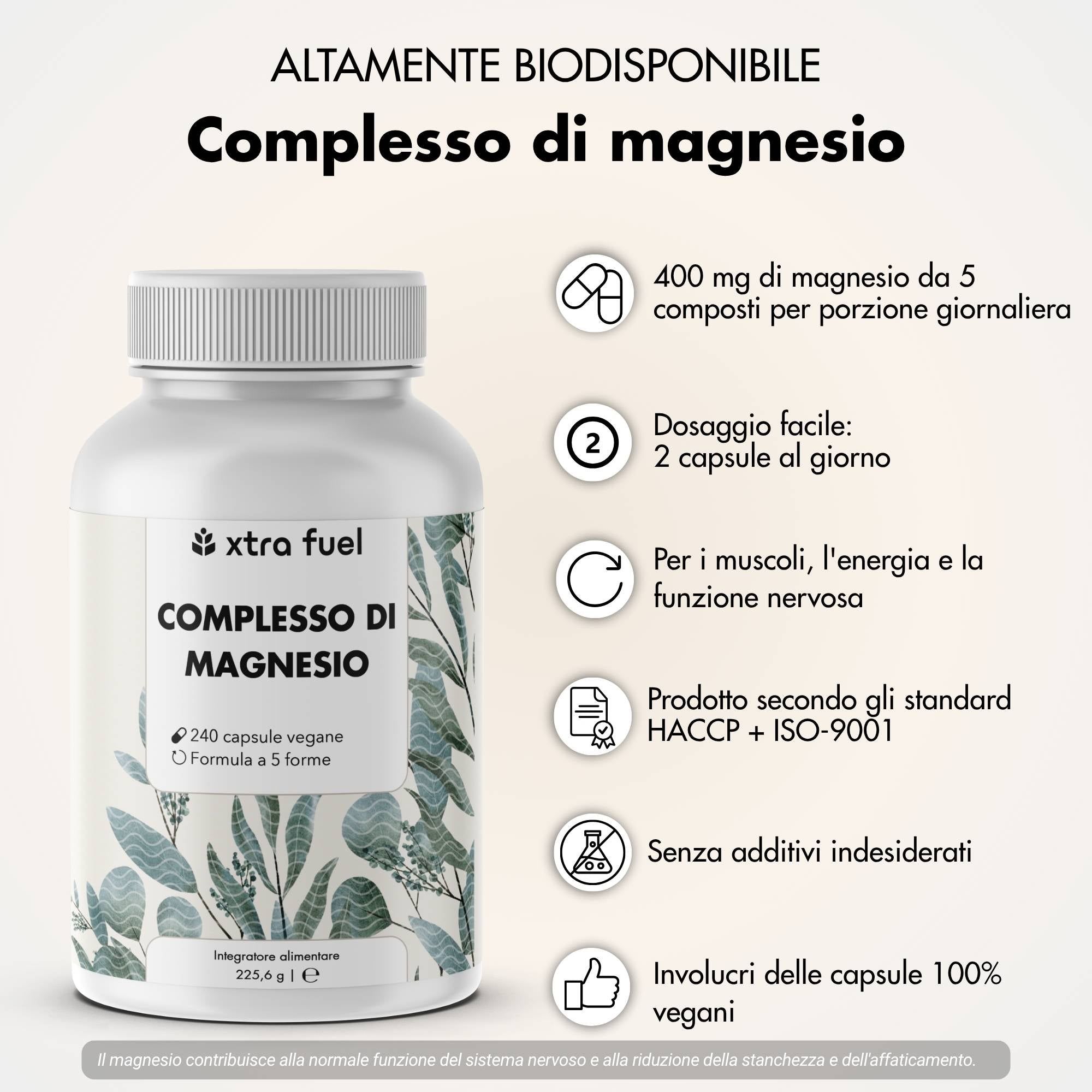 XTRA FUEL Complesso di magnesio - Matrice di magnesio 5 in 1 con bisglicinato e L-ascorbato